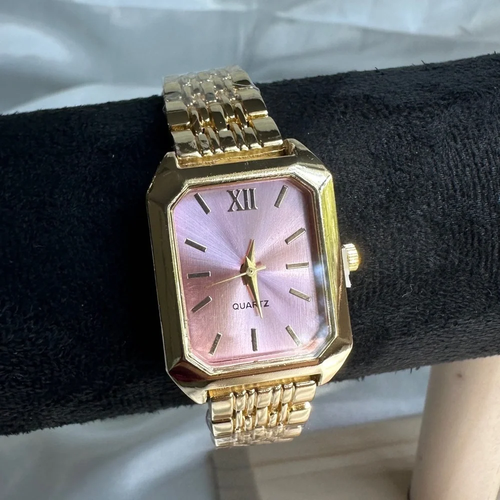 Anthropologie Gold Bracelet Watch with Pink Dial